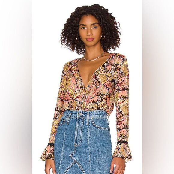 FREE PEOPLE Heat Wave Pink Floral Long Sleeve Bodysuit Thong‎ Crochet Lace New - Picture 4 of 13